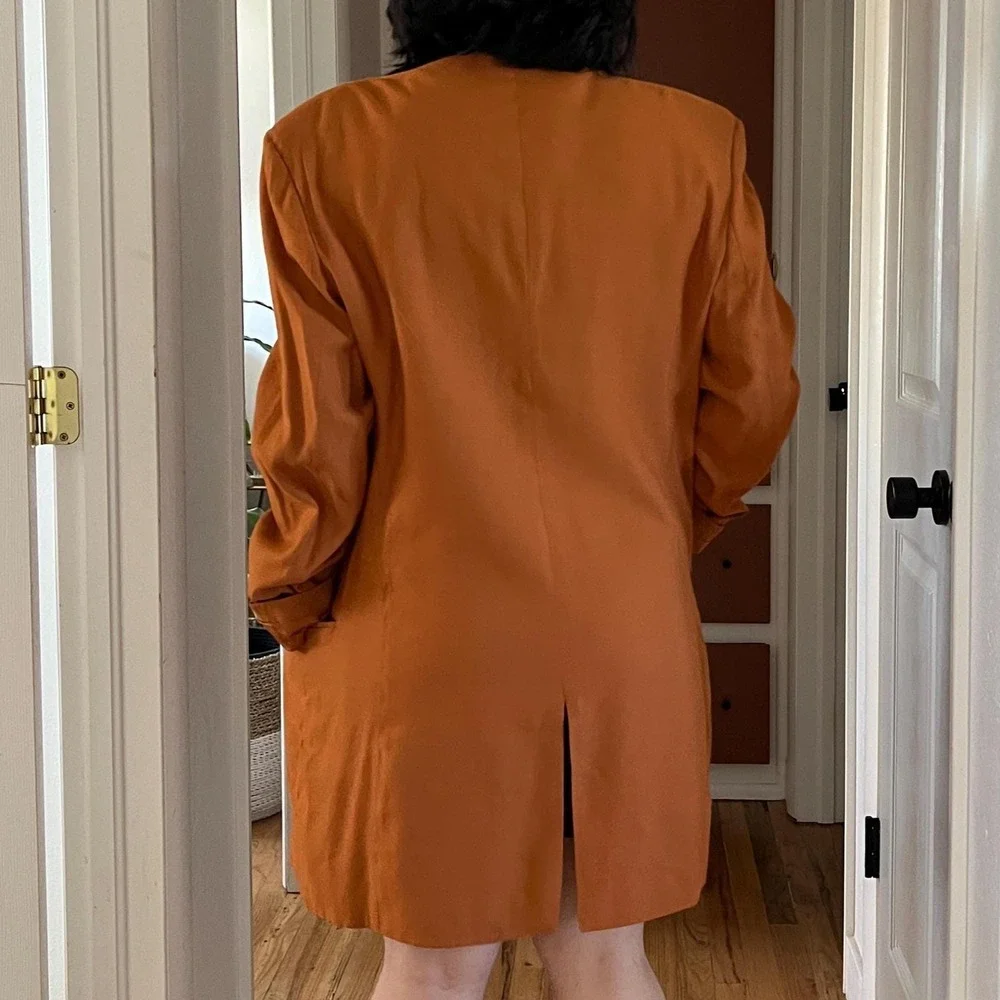 Vintage 90s orange long Rayon blazer oversized classic minimalist large office - Picture 5 of 15